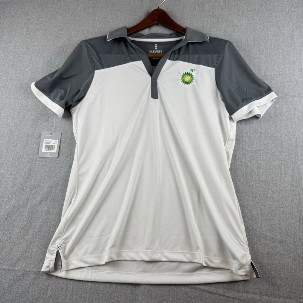 NWT Women's Elevate Mack‎ SS Polo BP British Petroleum logo Gray/White Large